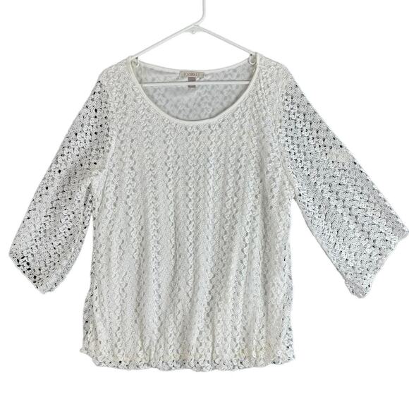 Roz & Ali 1X White 3/4 Sleeve Top Crochet Lace Overlay Polyester and Lined - Picture 1 of 8